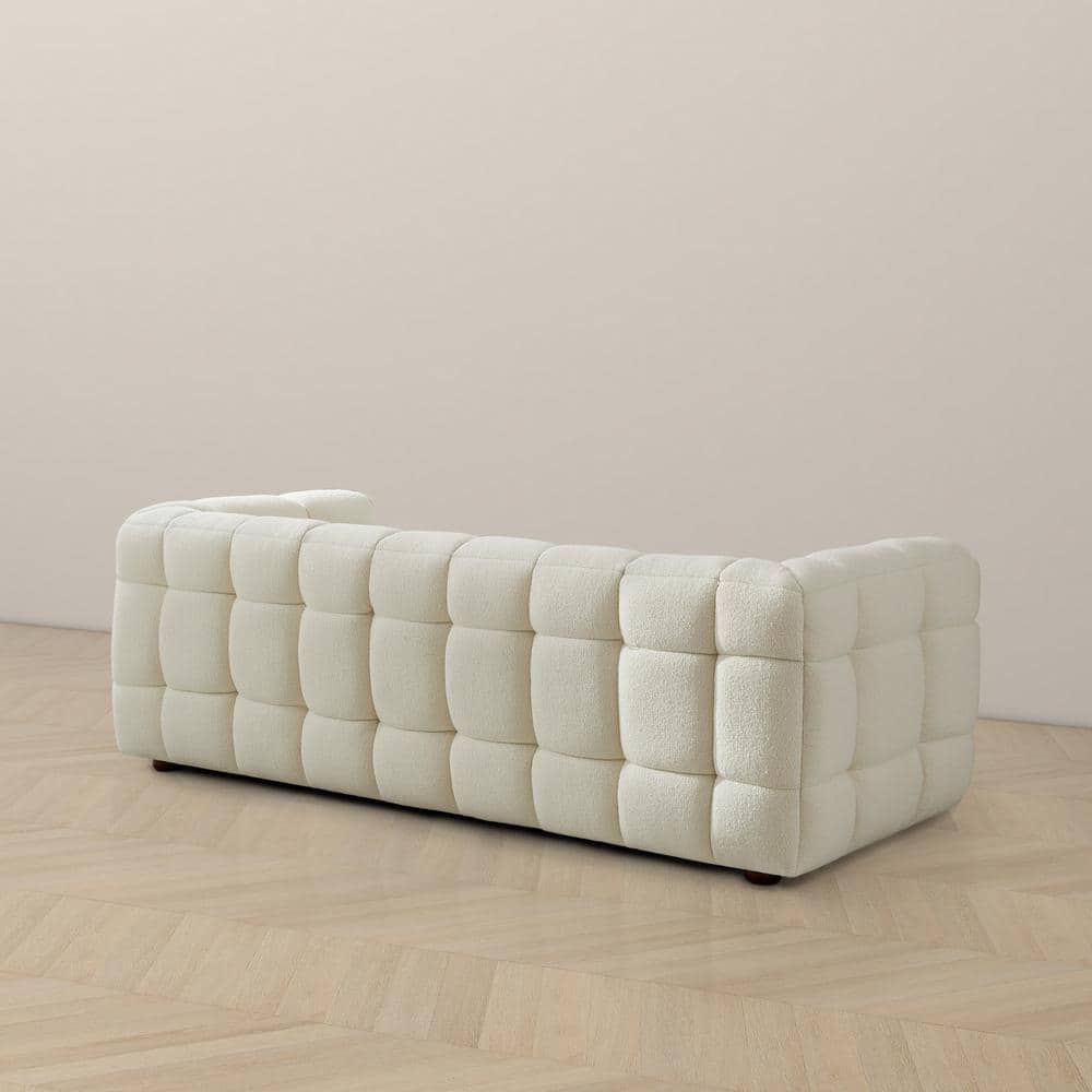 Mid-Century Modern White Tufted Microfiber Sofa with Wood Base