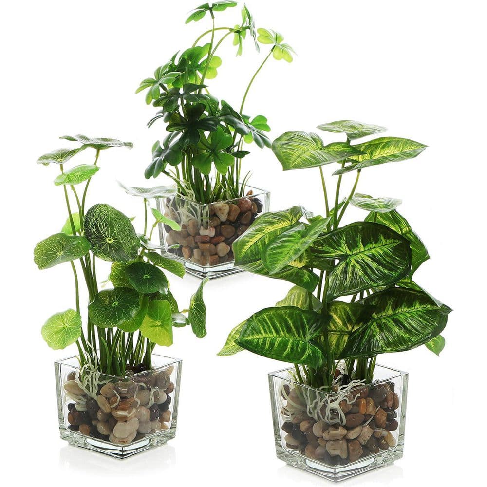 9.5 in. Green Indoor Small Artificial Potted Plants in Clear Glass Pot Set 