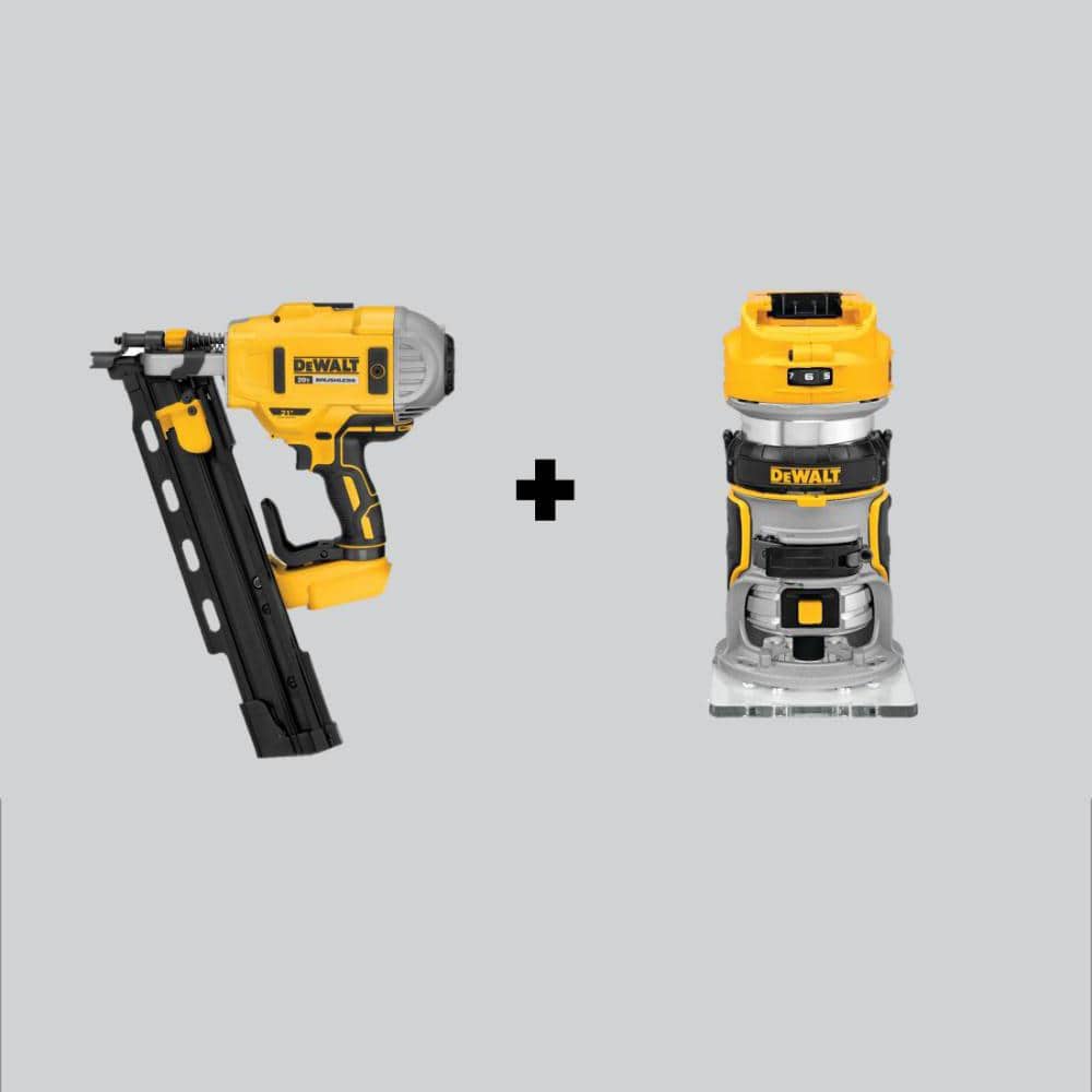 DEWALT 20V MAX XR Cordless Brushless 2-Speed 21-Degree Plastic Collated Framing Nailer & Brushless Compact Router (Tools-Only) -  DCN21PLBW600B