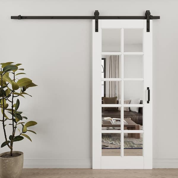 28 in. x 96 in. 10-Lite Tempered Clear Glass White Primed No Assembly Required MDF Sliding Barn Door with Hardware Kit