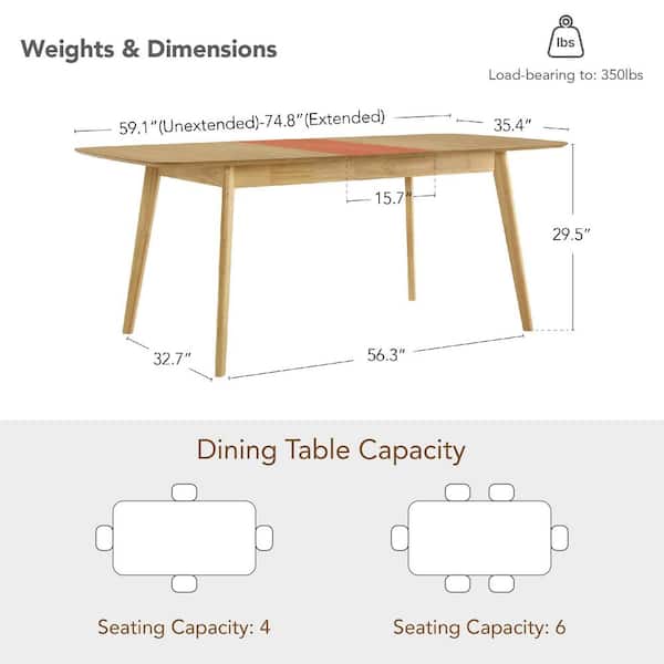Spruce & Spring Felix Oak Wood 59 - 75 in. 4-Legs Extendable