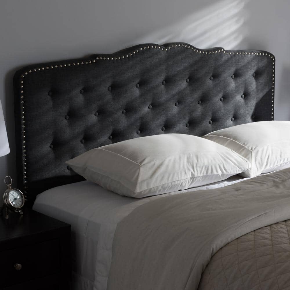 Dark Gray Tufted King Upholstered Headboard with Nailhead Trim