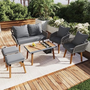 6-Piece Wood Outdoor Patio Conversation Set with Gray Cushion, Table with Ice Bucket, 2-Stools for Backyard, Balcony