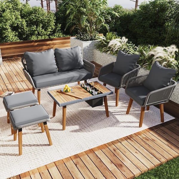 Unbranded 6-Piece Wood Outdoor Patio Conversation Set with Gray Cushion, Table with Ice Bucket, 2-Stools for Backyard, Balcony