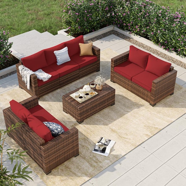 ELPOSUN 4-Piece 7 Seat Wicker Outdoor Patio Conversation Deep Seating Sofa Set with Red Cushions, Loveseat, Storage Box