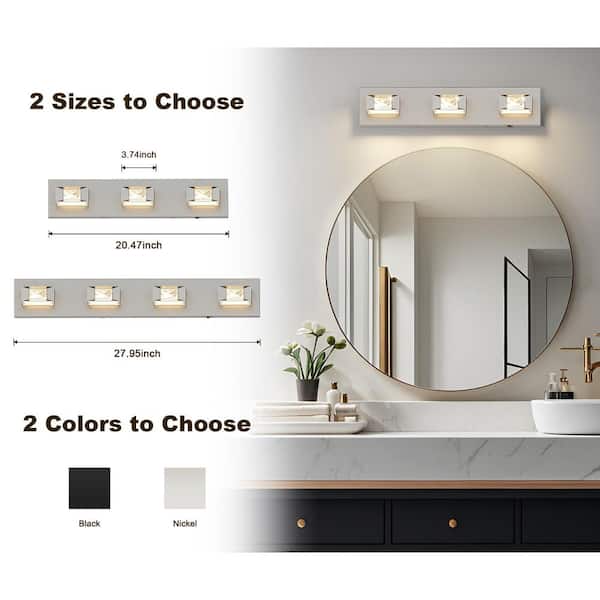 20.47 in. Nickle 3-Light Dimmable Crystal Bathroom Vanity Light with 5-CCT Adjustable Switch and 350° Swivel Range