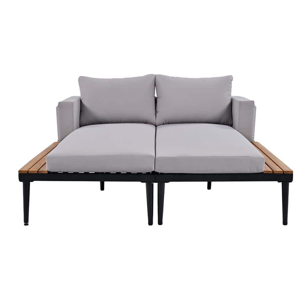 Metal Outdoor Day Bed with Wood Topped Side Spaces for Drinks, 2 in. 1-Padd