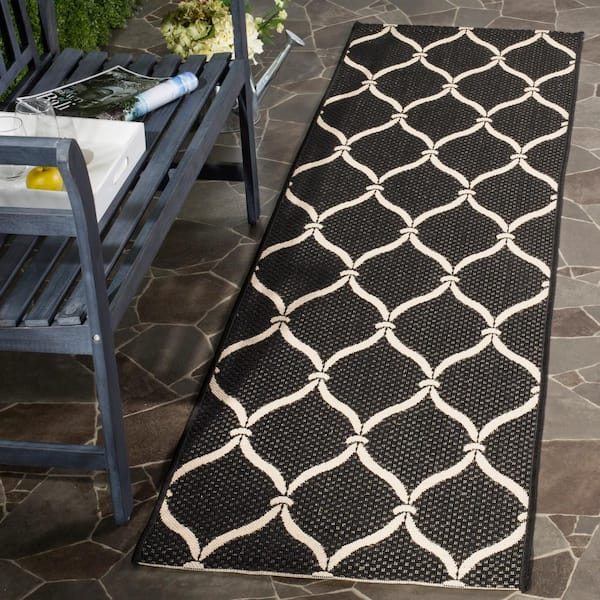 Courtyard Black/Beige 2 ft. x 12 ft. Trellis Indoor/Outdoor Runner Rug