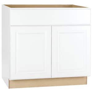 Hampton Satin White Raised Panel Stock Assembled Sink Base Kitchen Cabinet (36 in. x 34.5 in. x 24 in.)