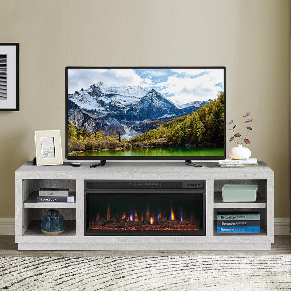 77-inch White Wooden TV Stand with Electric Fireplace