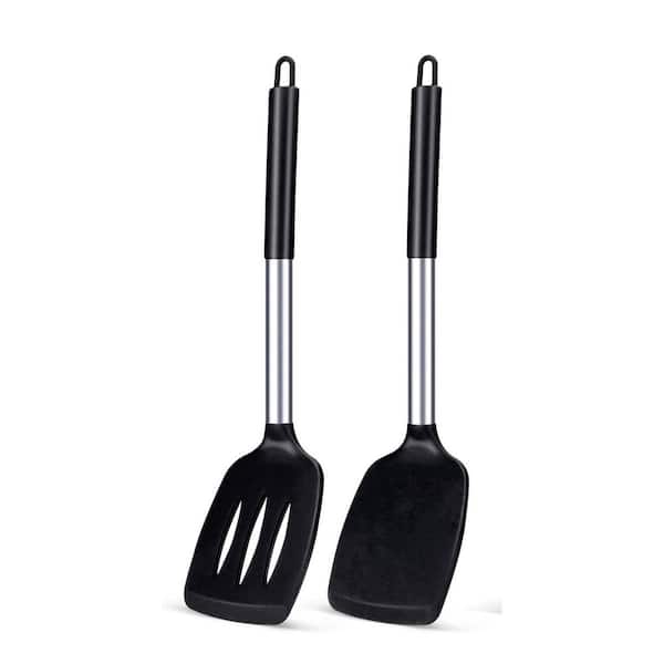2-Pack Black Silicone Solid Turner, Non Stick Slotted Kitchen Spatulas, igh Heat Resistant BPA Free Cooking Utensils