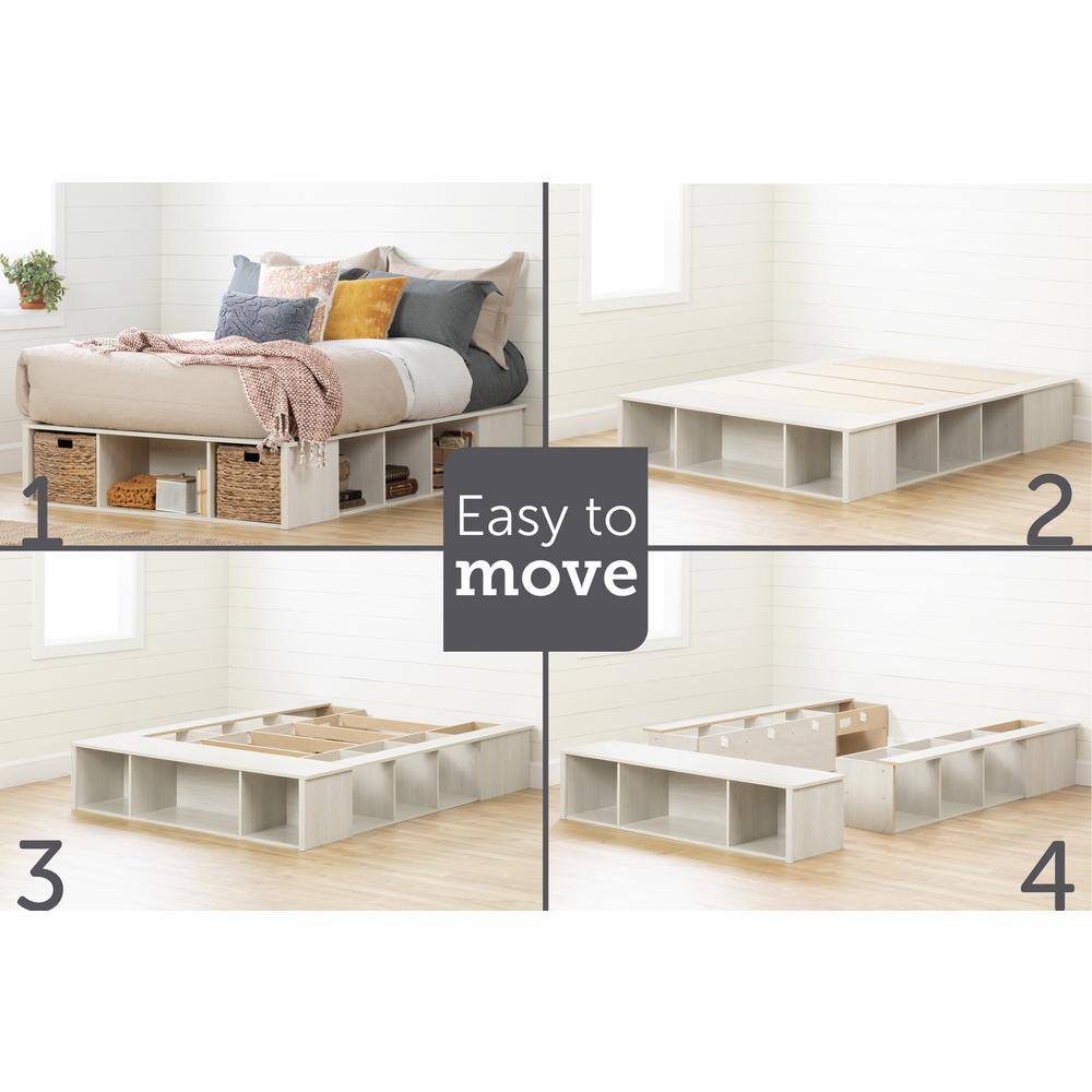 Full Winter Oak Upholstered Storage Bed with Rattan Baskets