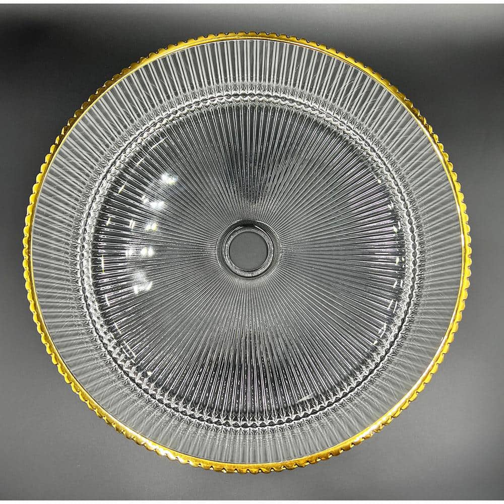 14'' Clear Ribbed Glass Vessel Sink with Gold Rim