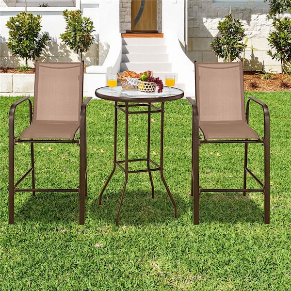 3-Piece Metal Round Table 38 in Outdoor Bistro Set in Brown