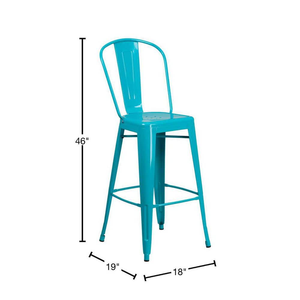 Crystal Teal-Blue Metal Indoor-Outdoor Barstool with Back