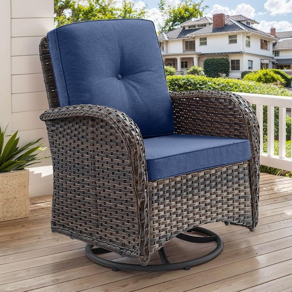 Opohoro PlainCurve Metal and Brown Wicker Outdoor Rocking Chair Patio Swivel Chairs with Olefin Navy Blue Cushions