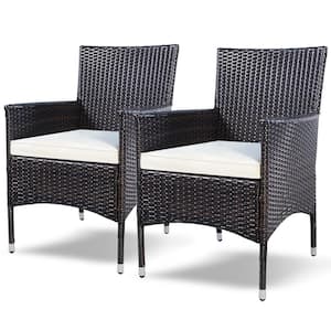 2-Pieces Patio Rattan Wicker Arm Seat Outdoor Dining Chair With White Cushions