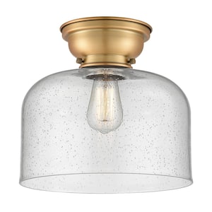 Aditi Bell 12 in. 1-Light Brushed Brass Flush Mount with Seedy Glass Shade