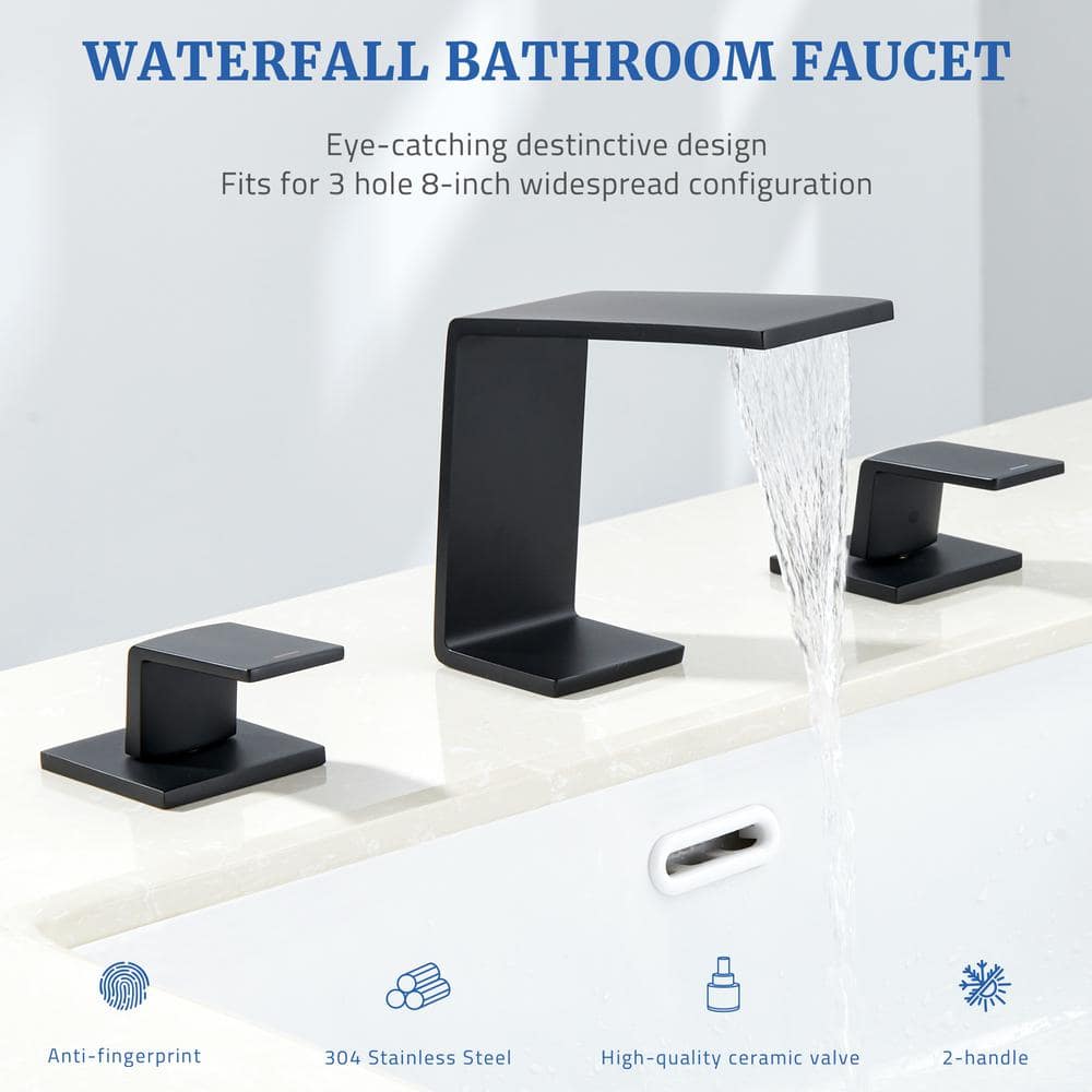 Matte Black Stainless Steel Widespread Bathroom Faucet with Pop-Up Drain