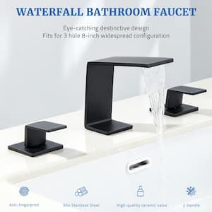 8 in. Widespread Double Handles Waterfall Spout Bathroom Faucet with Pop Up Drain Kit in Matte Black