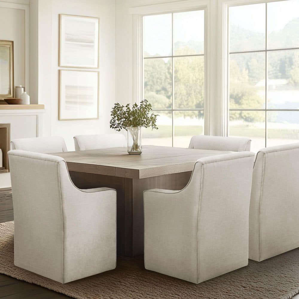 Cream Upholstered High Back Dining Arm Chair with Casters
