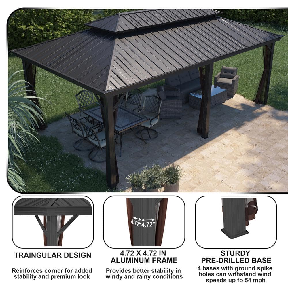 12'x20' Black Aluminum Frame Hardtop Gazebo with Nettings