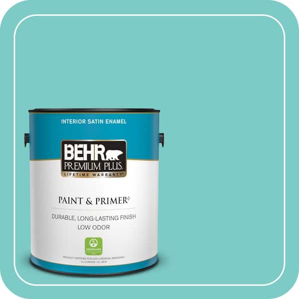 BEHR PREMIUM PLUS 1 gal. #BIC-39 Blue Green Gem Satin Enamel Low Odor Interior Paint & Primer