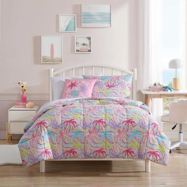 Sutton Palm Trees 3-Piece Rose/Aqua Microfiber Twin Comforter Bonus Set