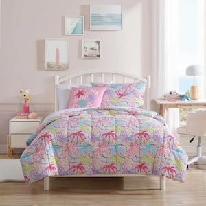 Sutton Palm Trees 4-Piece Rose/Aqua Microfiber Full/Queen Comforter Bonus Set