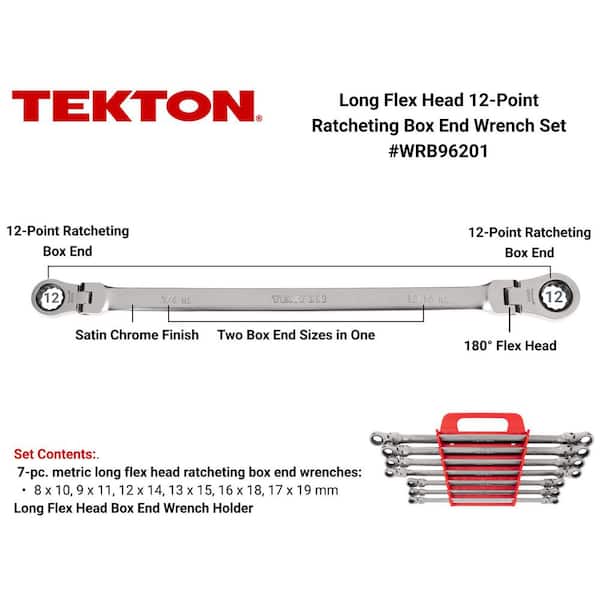 Long Flex Head 12-Point Ratcheting Box End Wrench Set with Holder, 7-Piece (6-19 mm)