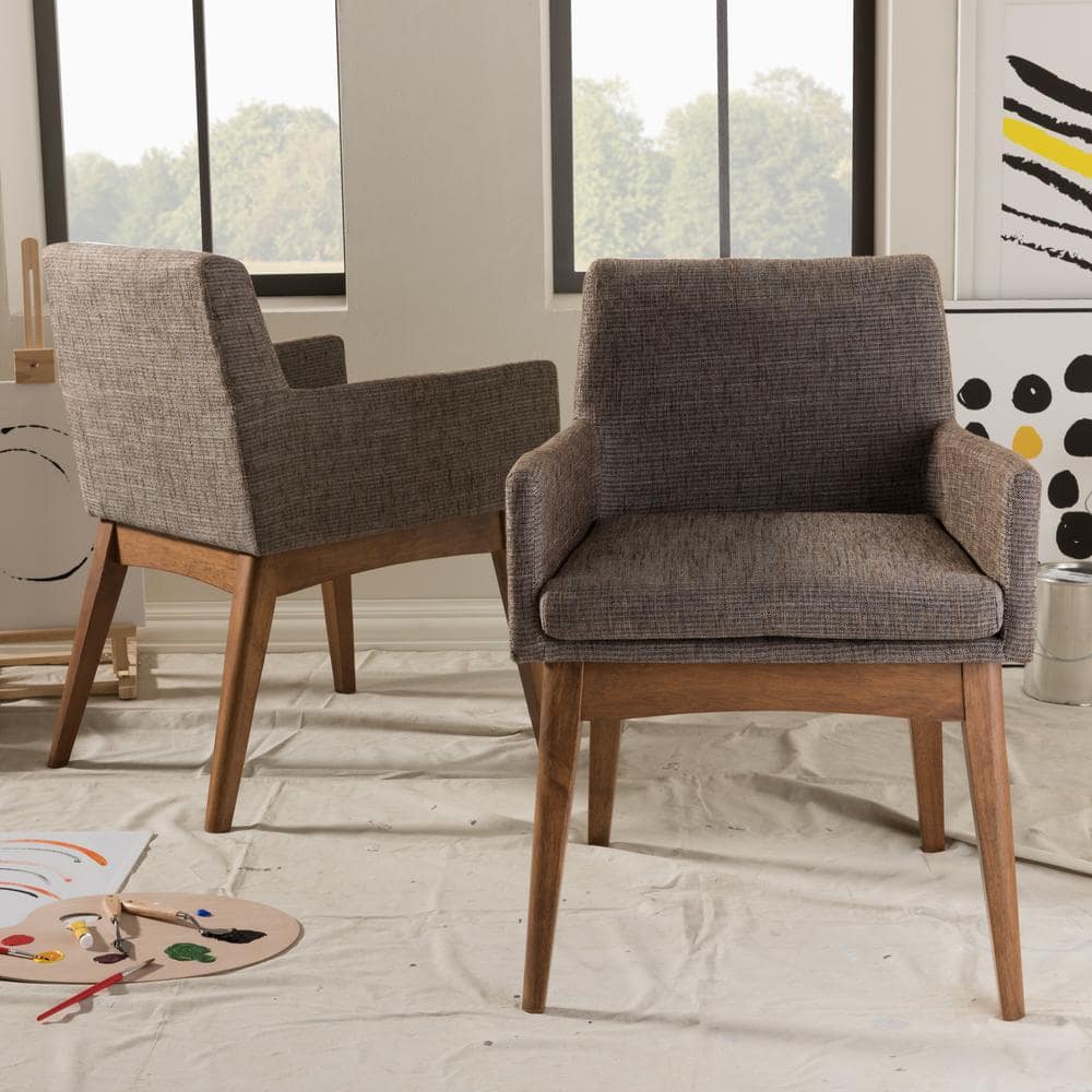 Mid-Century Modern Nexus Upholstered Leather Parsons Arm Chair in Gray and Brown