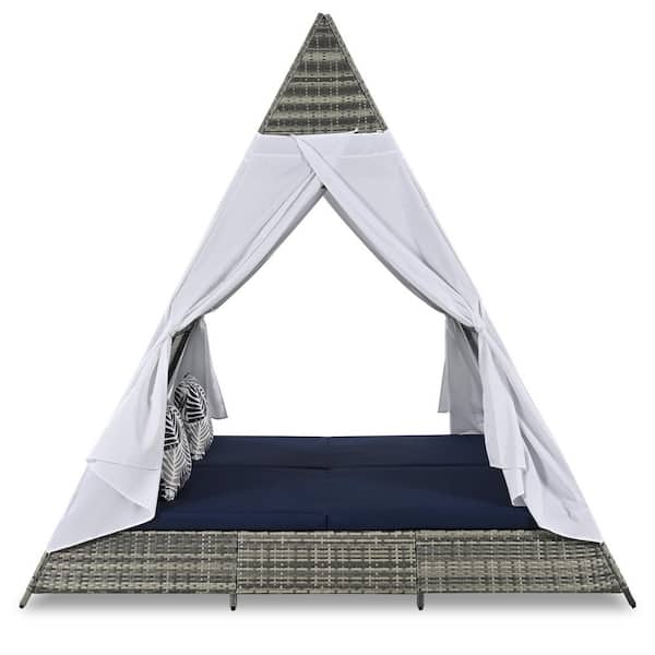 90.5 in. L Wicker Gray Tent Shape Patio Sunbed, Outdoor Day Bed with Colorful Pillows, Blue Cushions
