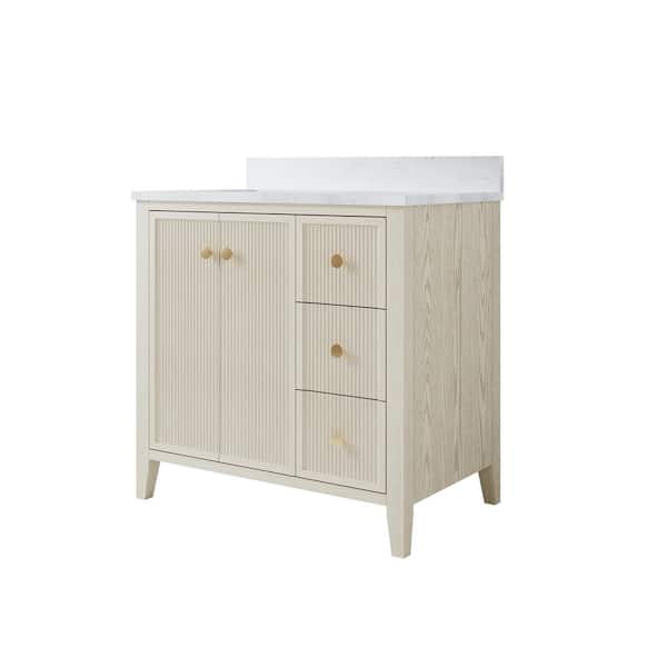 ANITA 36 in. Ash Freestanding Bath Vanity with White Quartz Top, 4 in. Backsplash/BLUM Hinge/DTC Slider, Fully Assembled