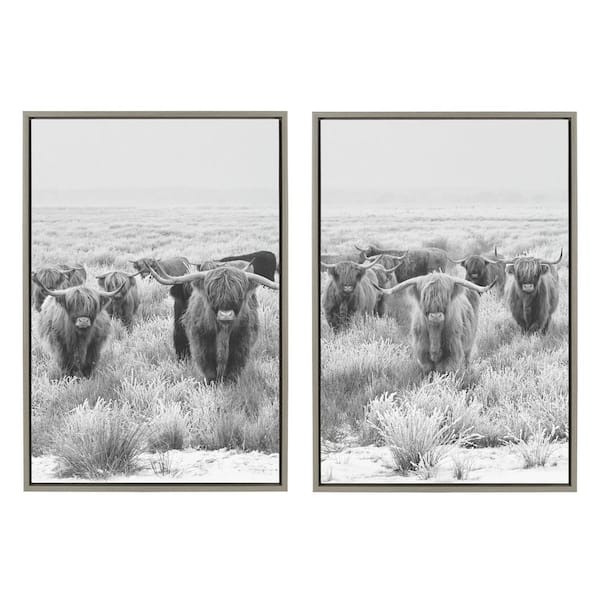 Kate and Laurel Herd of Highland Cows by The Creative Bunch Studio Framed Animal Canvas Wall Art Print 33.00 in. x 23.00 in. (Set of 2)