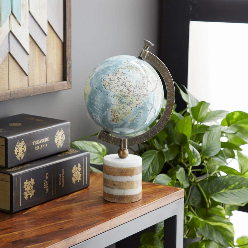 16" Blue and Green Globe with Marble and Wood Base
