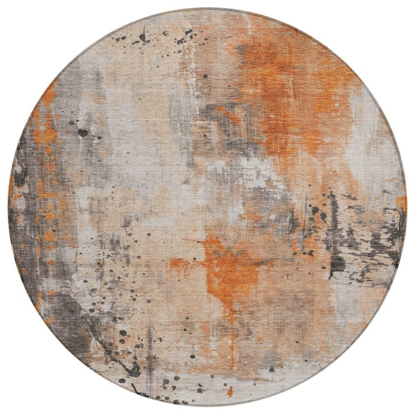 Chantille Machine Washable Indoor/Outdoor Abstract ACN1840 Orange 8 ft. x 8 ft. Round Rug