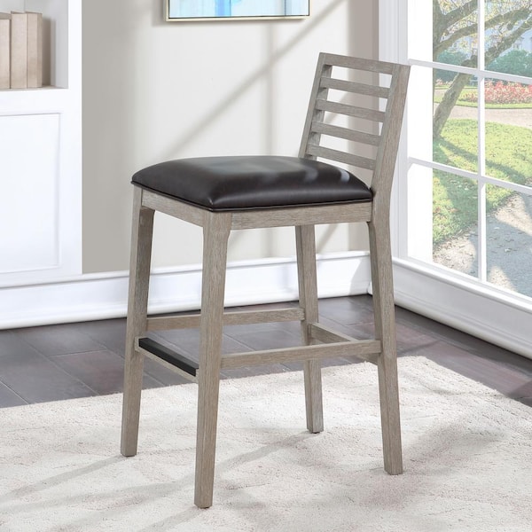 Siri 40.25 in. Brown Gray Standard Back Solid Wood Bar Stool with Brown Bonded Leather Seat