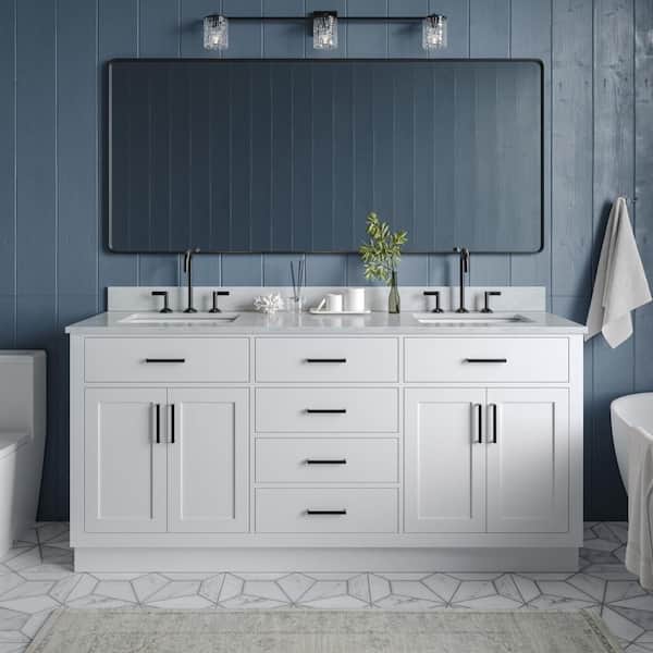 ARIEL Hepburn 73 in. W x 22 in. D x 35.25 in. H Bath Vanity in White with Carrara Marble Vanity Top in White with White Basins
