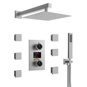 Temperature Display Double Handle 3-Spray 12 in. Wall Mount Shower Faucet 2.5 GPM with Body Spray in Brushed Nickel