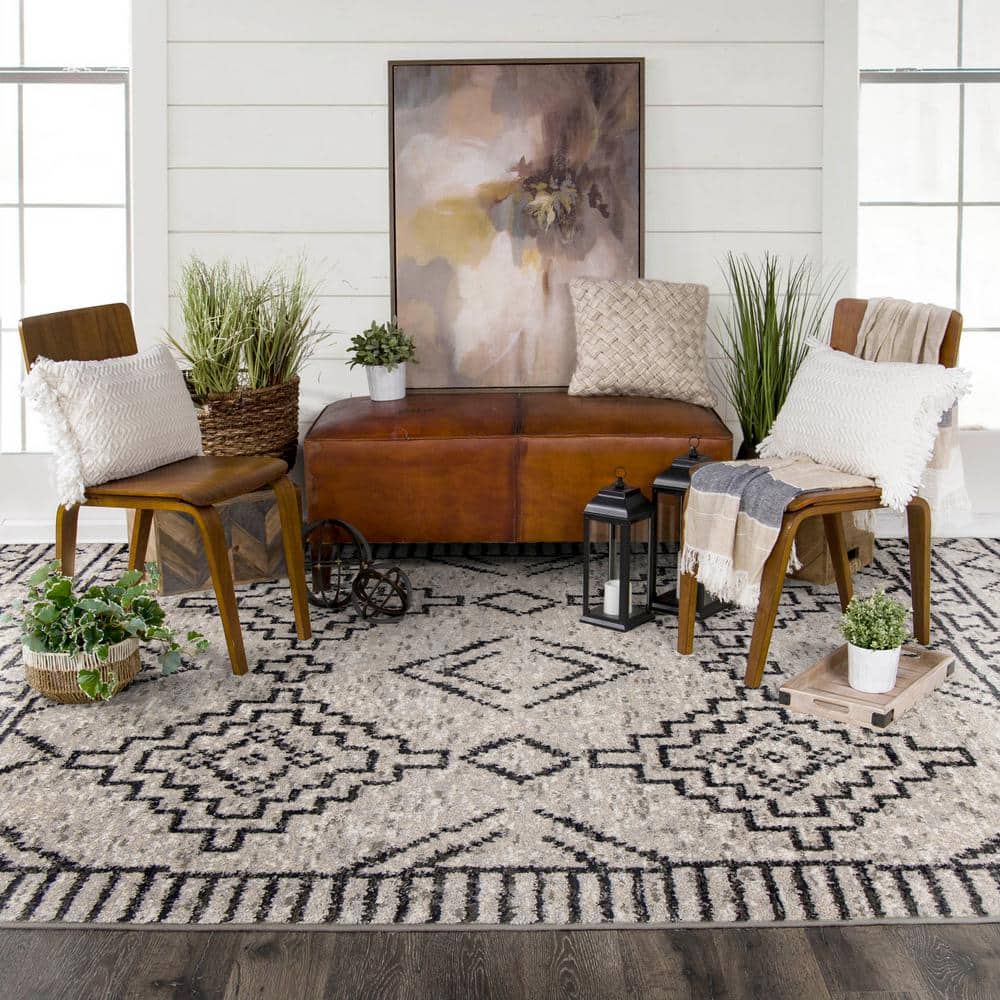 Gray and Black Rectangular Synthetic Southwestern Area Rug