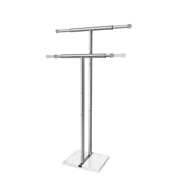 2-Tier 40 in. Standing Towel Rack with Marble Base, Width Adjustable and Height Bathroom Towel Rack Stand, Silver