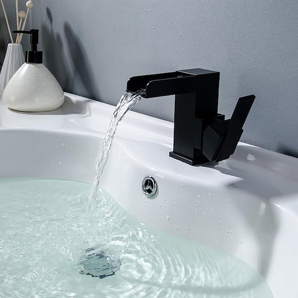 Single Hole 1-Handle Waterfall Bathroom Faucet in Black