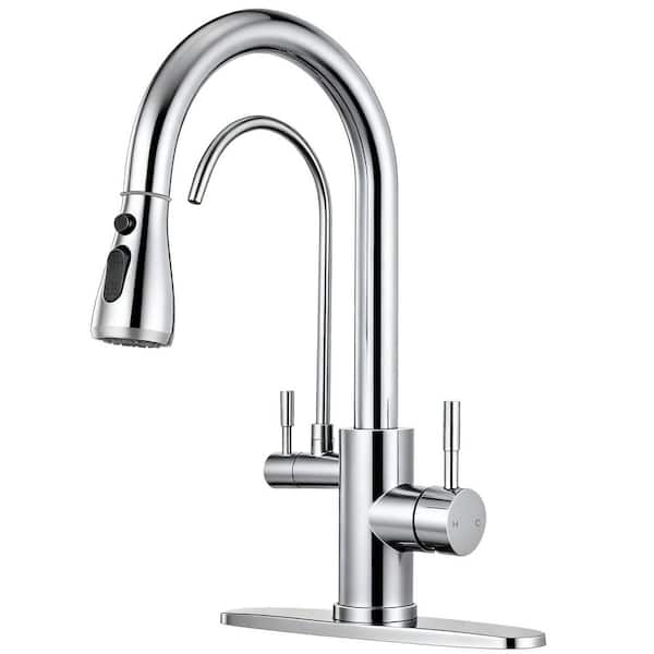 15 in. H Dual Handle Deck Mount Dual Spout Pull Down Standard Kitchen Faucet with Water Purification in Polished Chrome