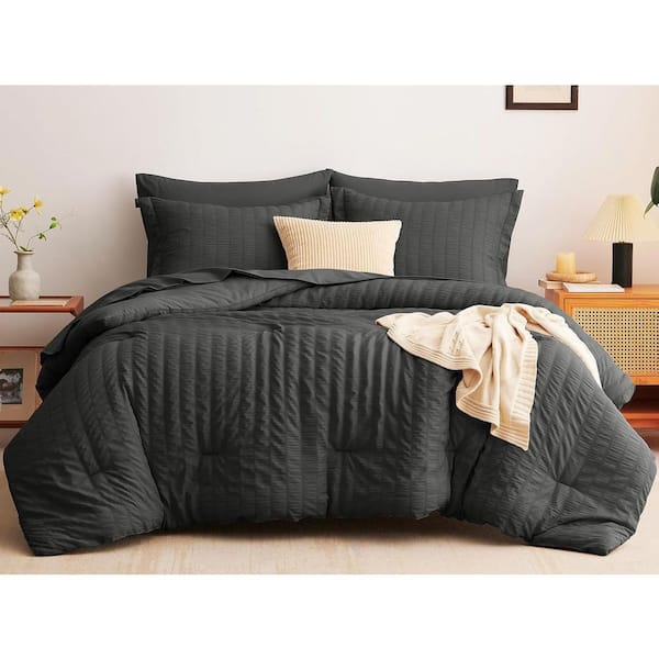 Dark Grey 7 Pieces Polyester Striped King Comforter Set