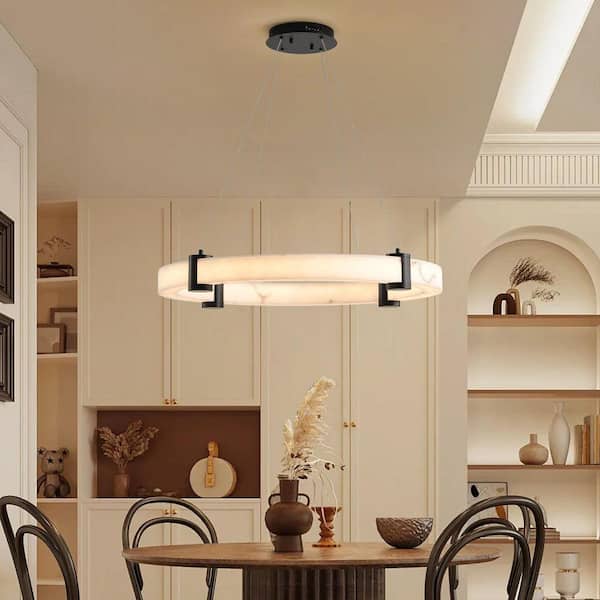 1-Light Black and White Integrated LED Pendant Light with Shade, Metal Bracket, Circular Light Source