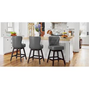 Zola 26 in. Dark Gray Wood Frame Counter Bar Stool Faux Leather Upholstered Swivel Bar Stool (Set of 3)