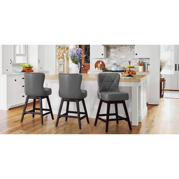 OrangeOne Zola 26 in. Dark Gray Wood Frame Counter Bar Stool Faux Leather Upholstered Swivel Bar Stool (Set of 3)