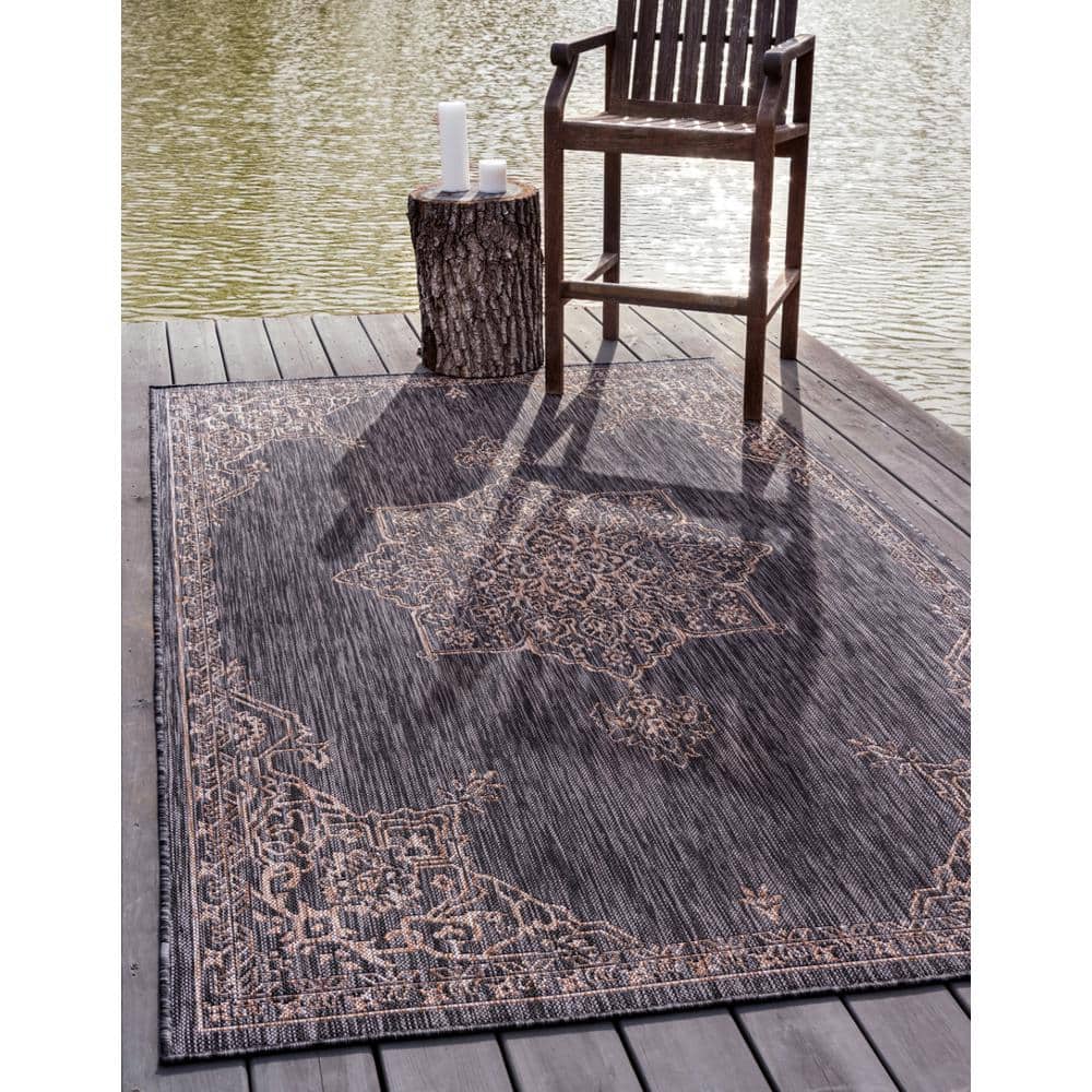 Charcoal Gray Synthetic 5' x 8' Easy-Care Outdoor Rug