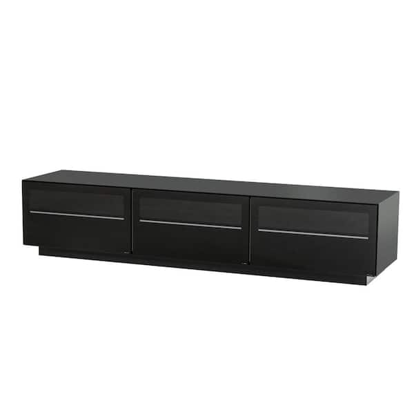 Benjara 84 in. Black Wood TV Stand Fits TVs up to 78 in. with 3-Drawers and Tempered Glass Fronts