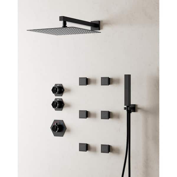 YAWWALK Thermostatic Valve 5-Spray 12 in. Wall Mount Dual Shower Heads and Handheld Shower Head in Matte Black